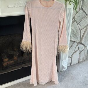Elegant Pink Long Sleeve sequin Dress with Feather Cuffs